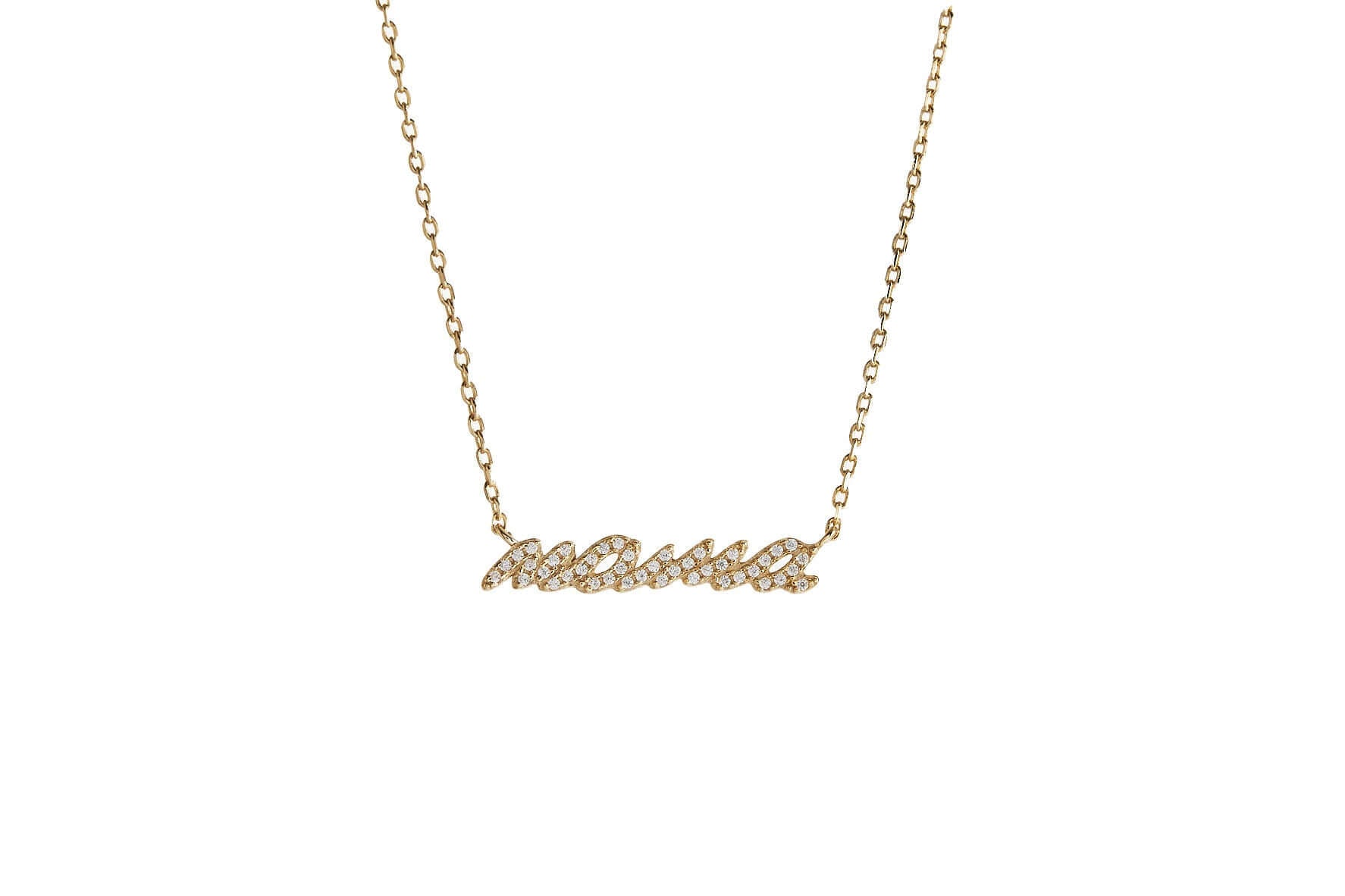 Mama Gold Script Necklace featuring a sparkling gold script pendant, ideal for mothers.