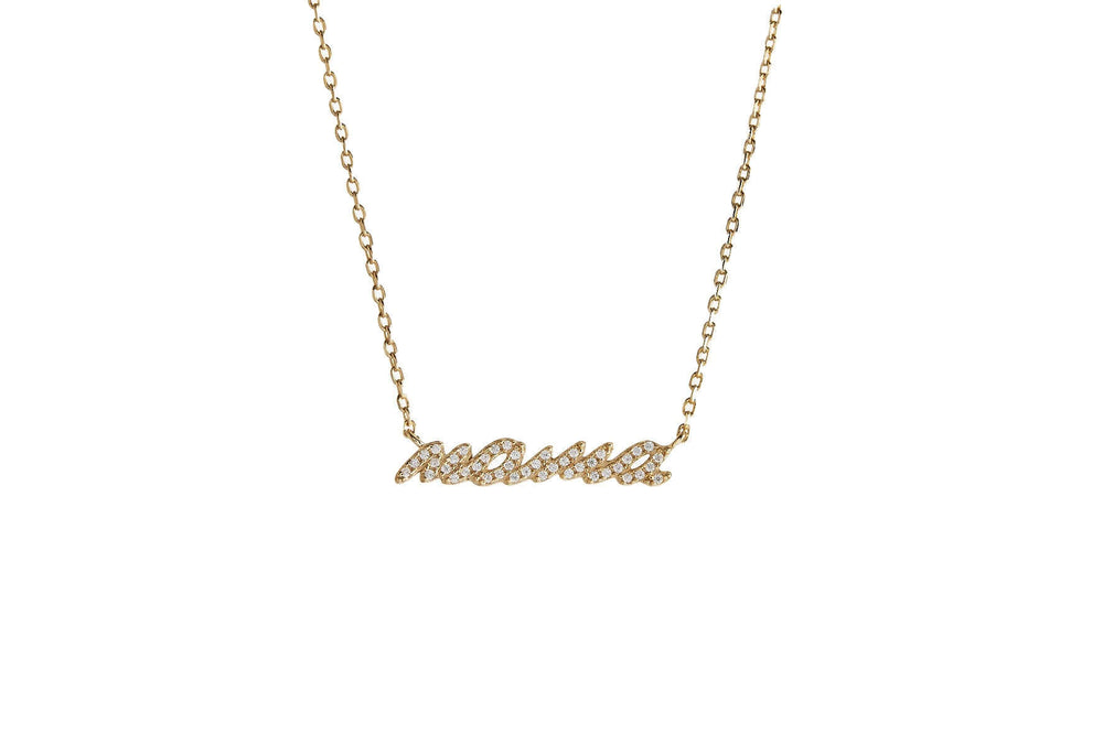Mama Gold Script Necklace featuring a sparkling gold script pendant, ideal for mothers.