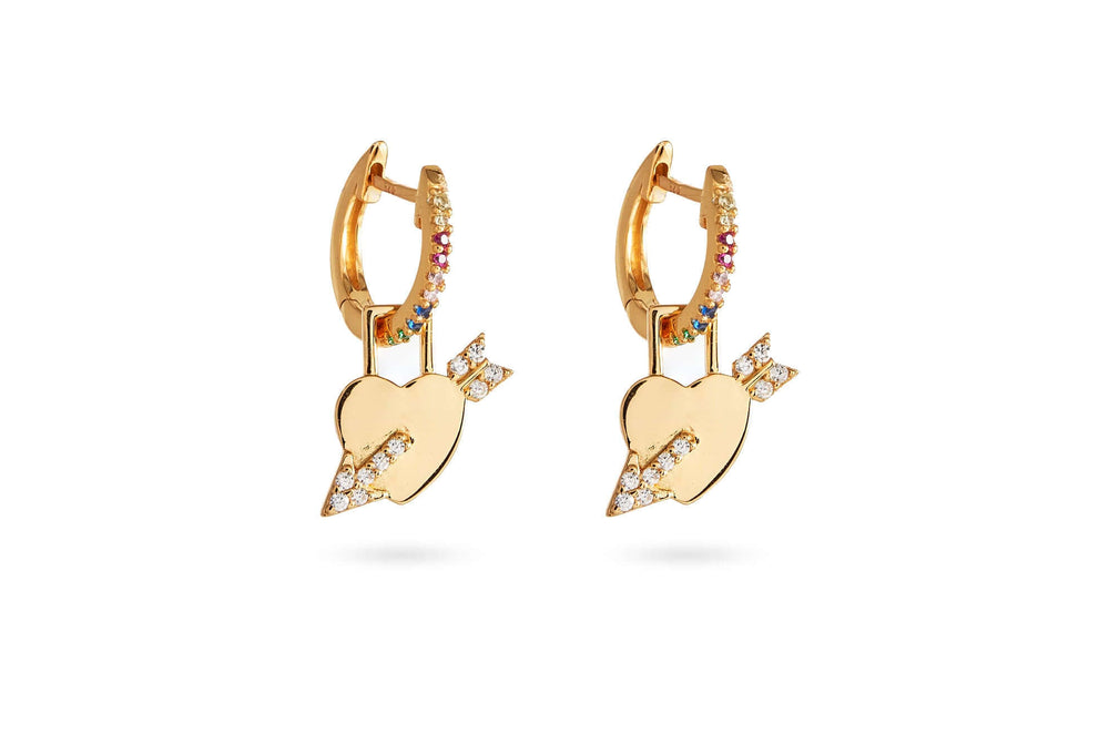 Love Is Love Rainbow Huggie Earrings With Detachable Heart Charm showcasing a gold heart charm and colorful accents.