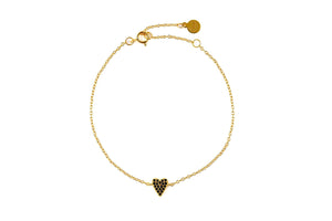 She's So Lucky Black Heart Bracelet featuring a black CZ heart pendant and adjustable gold chain.