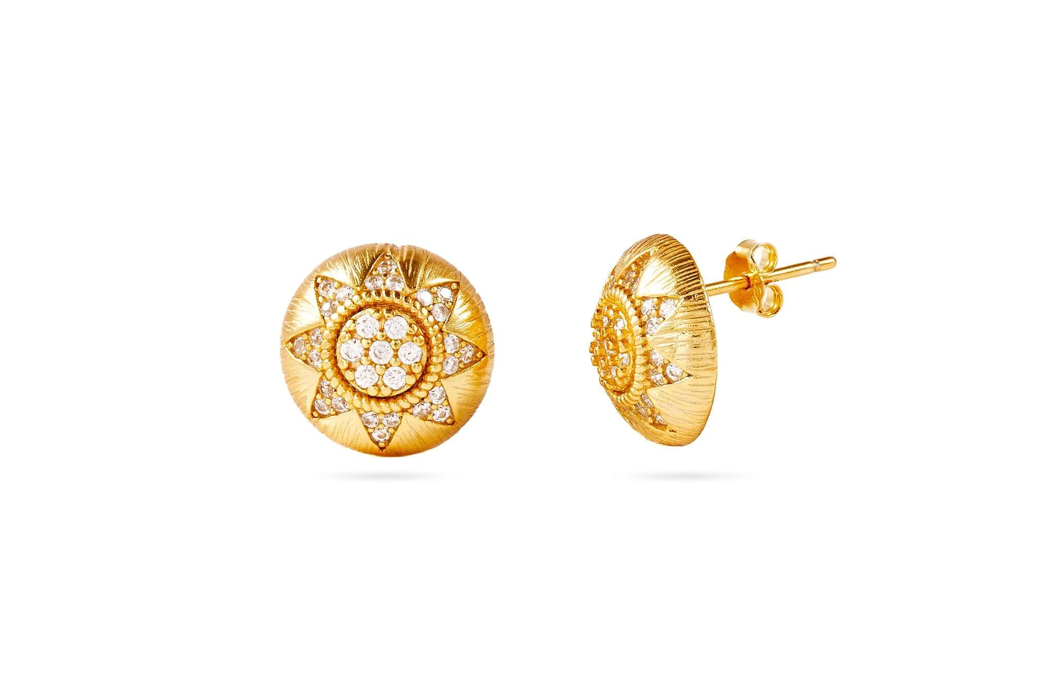Here Comes The Sun Vintage Style Stud Earrings featuring a sun design with cubic zirconia and 18k gold plating.