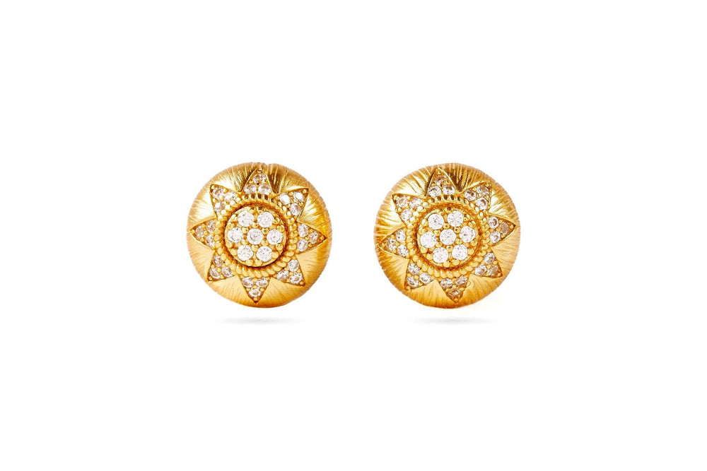 Here Comes The Sun Vintage Style Stud Earrings featuring 18k gold plating and cubic zirconia sun detail.