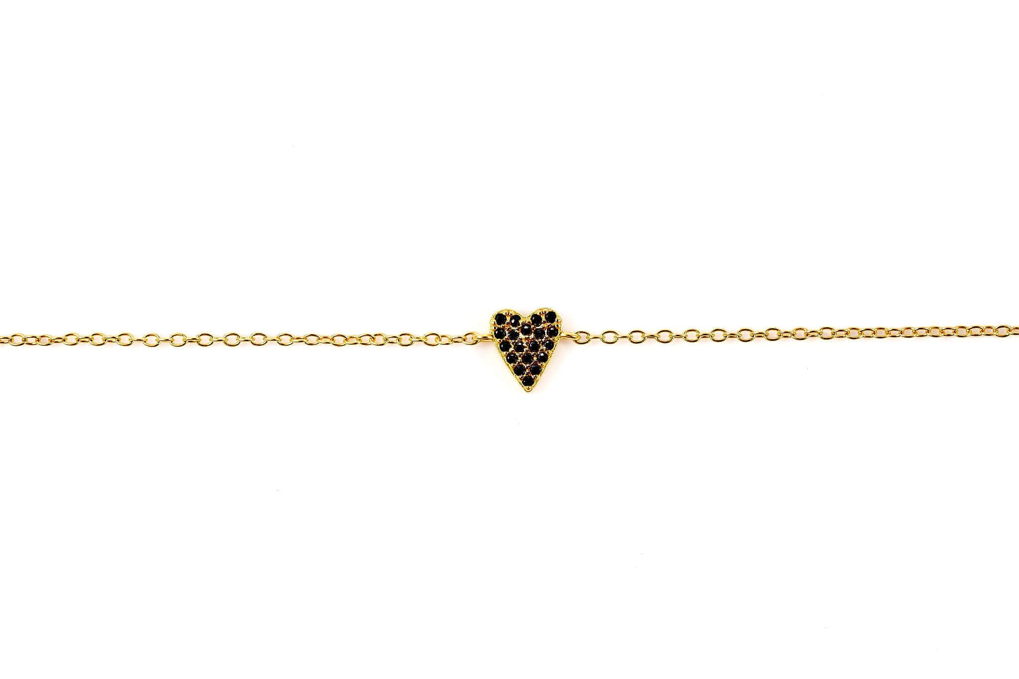 She's So Lucky Black Heart Bracelet featuring a black CZ heart pendant on a gold-plated chain.