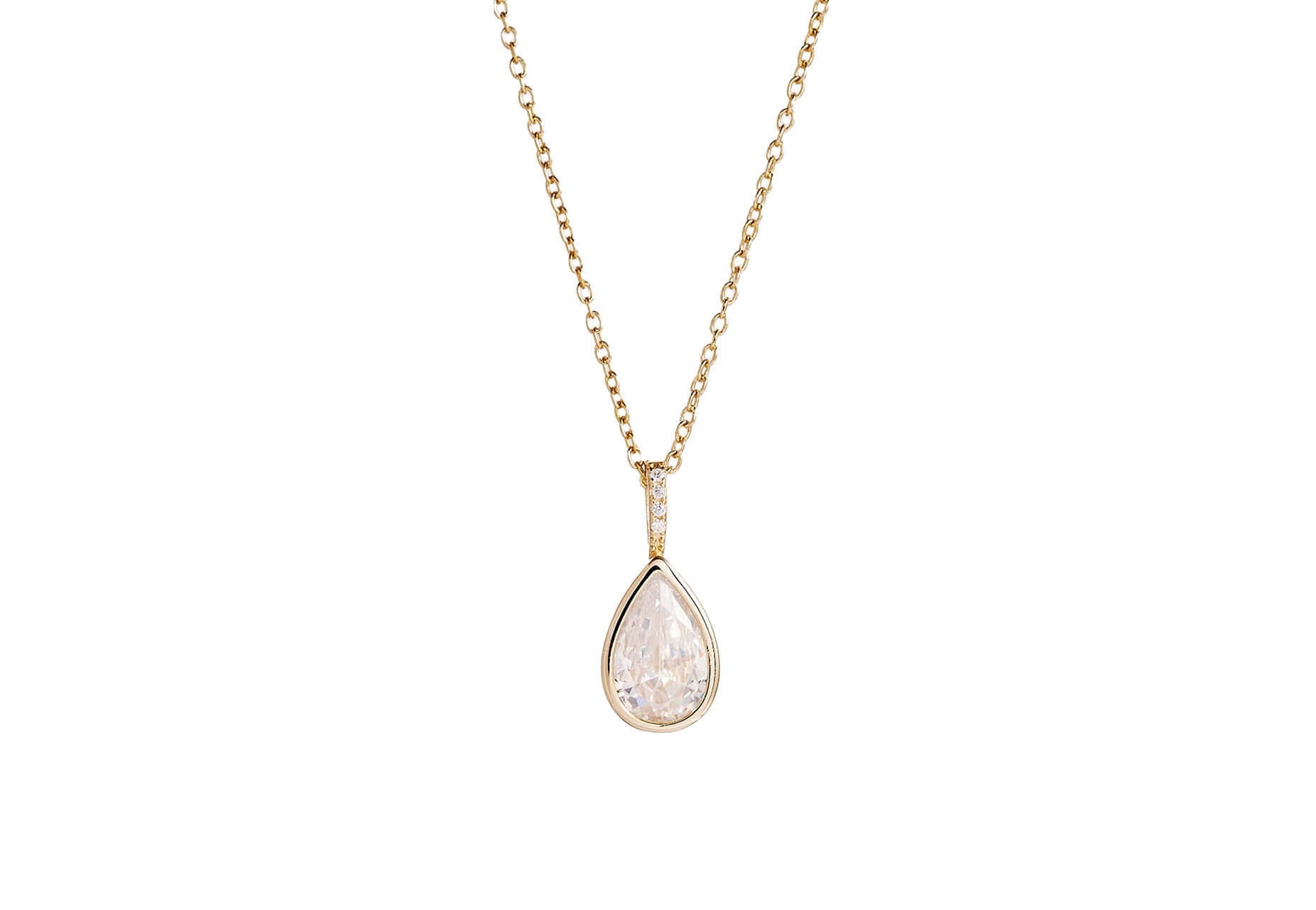 Time To Shine Pendant Necklace featuring a 14k gold plated pear drop pendant on an adjustable chain.