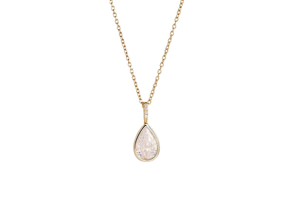 Time To Shine Pendant Necklace featuring a 14k gold plated pear drop pendant on an adjustable chain.