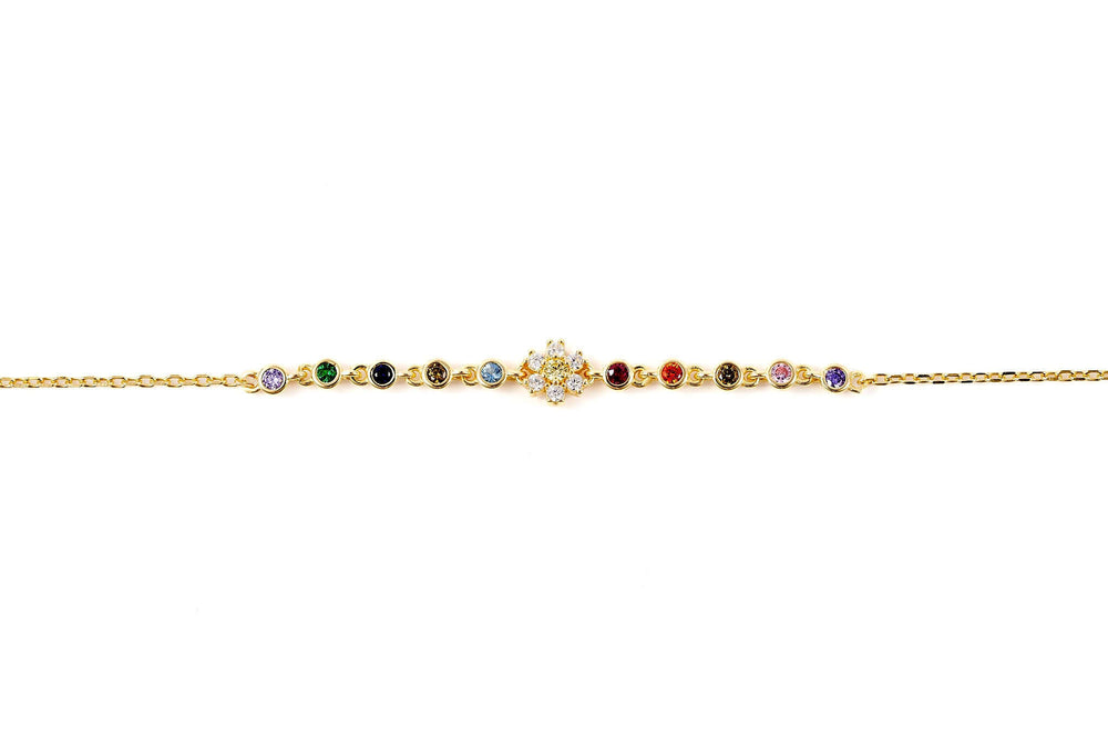Sunshine + Rainbows Flower Chain Bracelet featuring rainbow cubic zirconia stones and delicate flower detailing.