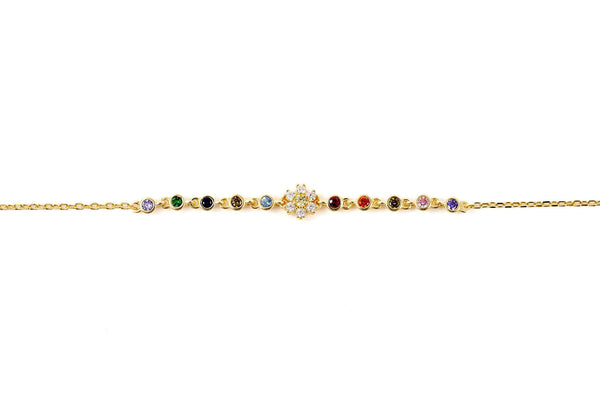 Sunshine + Rainbows Flower Chain Bracelet featuring rainbow cubic zirconia stones and delicate flower detailing.