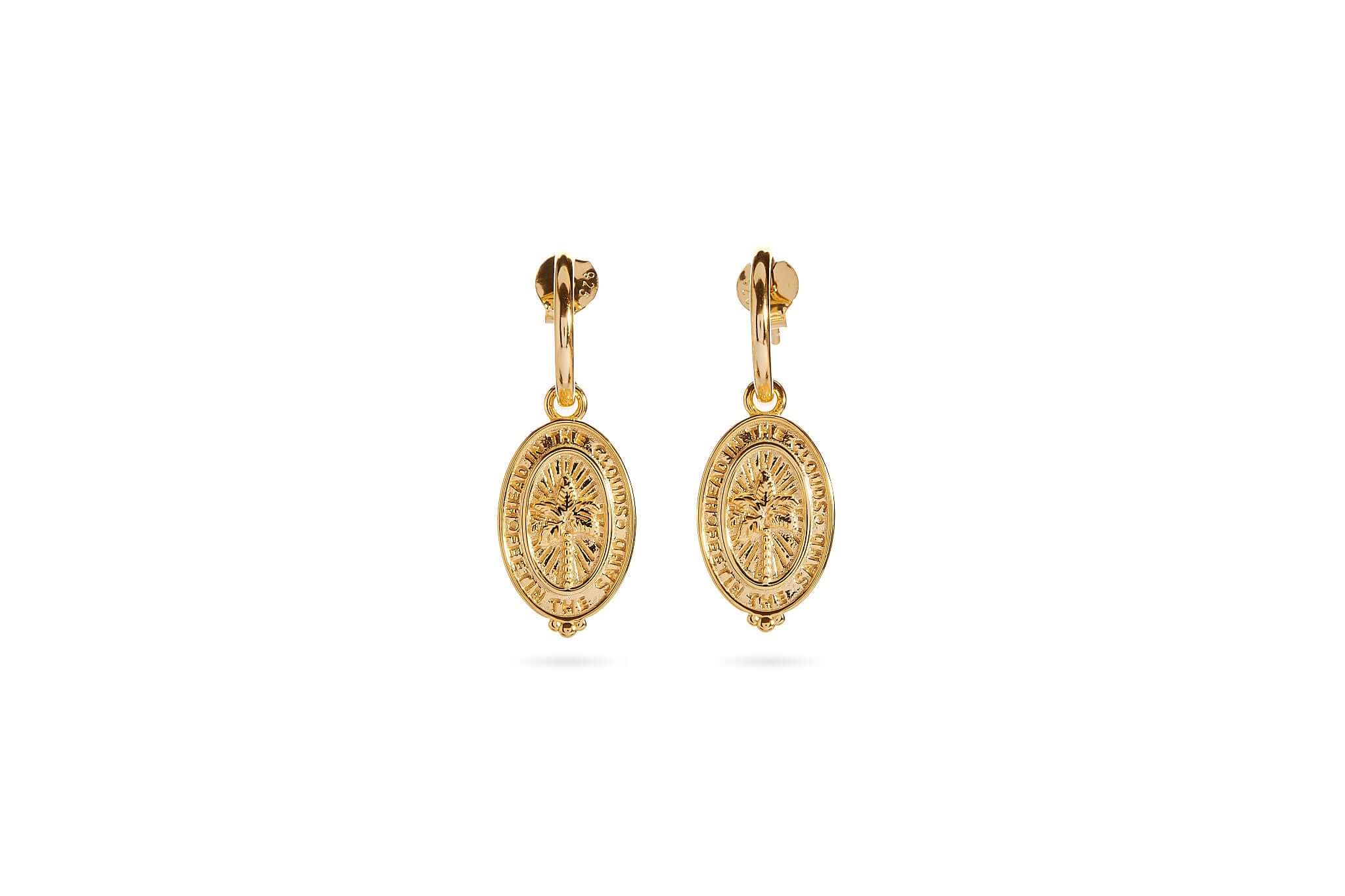 Better Together Palm Tree Earrings in 18K gold plating with intricate palm detailing and uplifting wording.