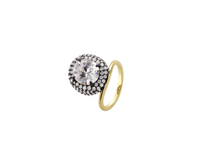 Pavé Perch Gold Plated Ring featuring a large sparkling stone surrounded by smaller crystals, showcasing elegance and craftsmanship.