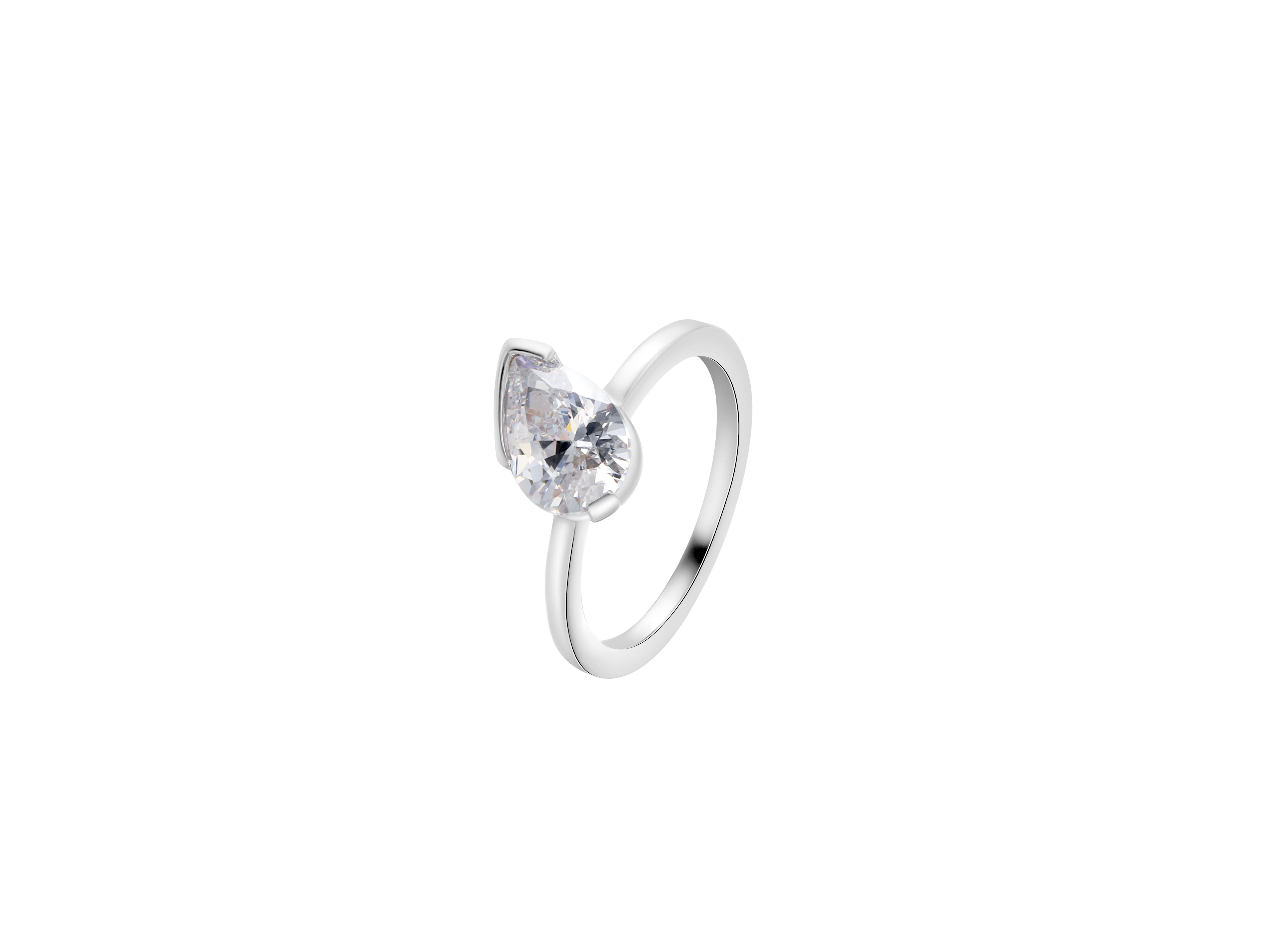 Love This For You Silver Tilted Pear Pinky Ring showcasing a sparkling pear-shaped stone on a sleek silver band.