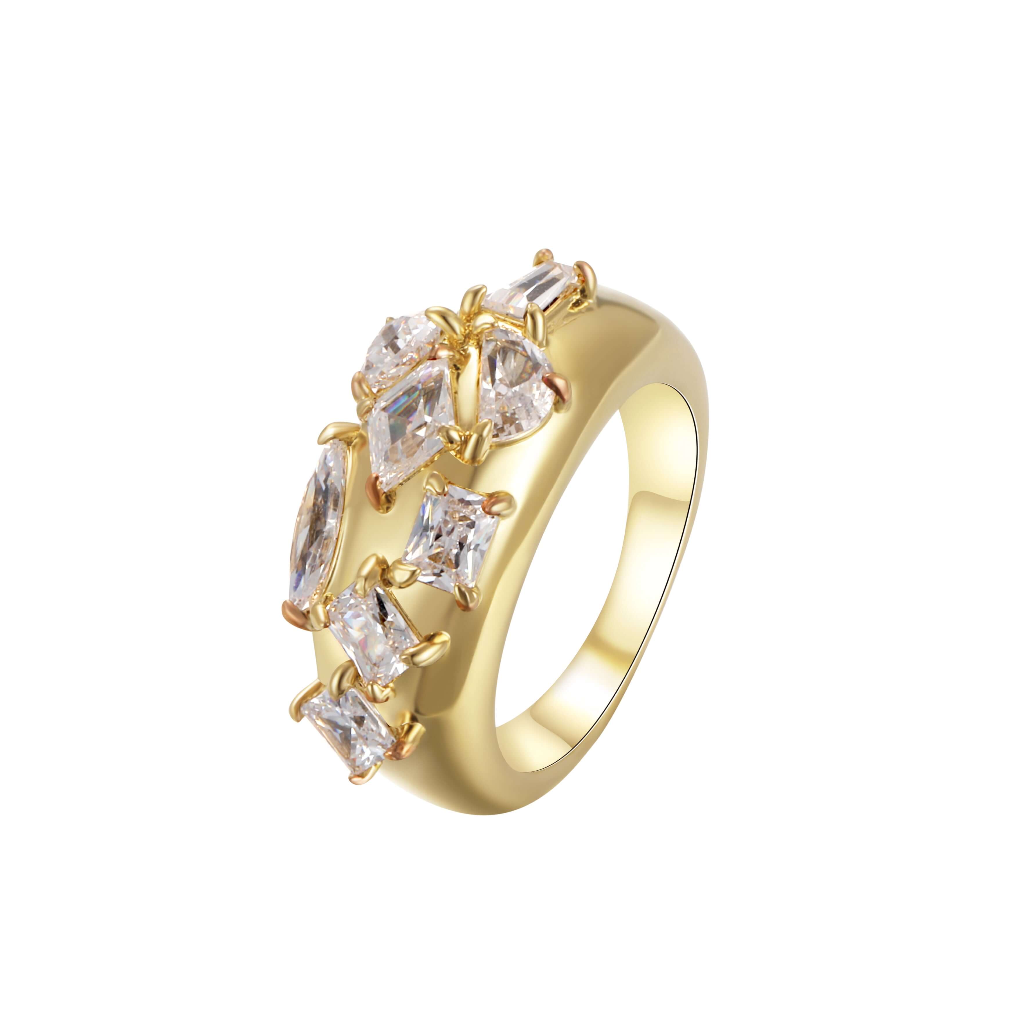 It Girl Ring featuring a chunky gold band set with precision-cut cubic zirconia stones in asymmetrical design.