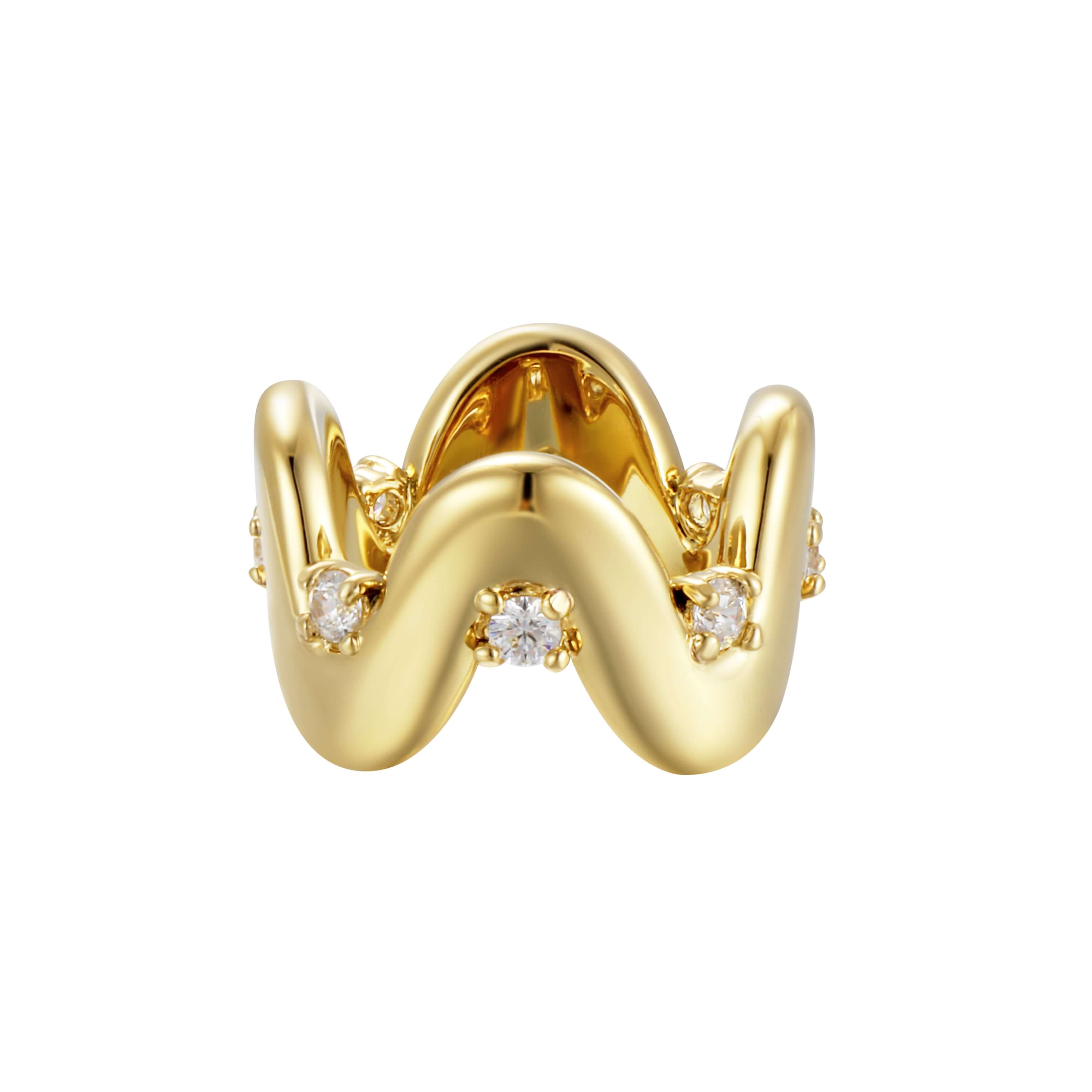 XOXO Pinky Ring in shiny gold with cubic zirconia accents, featuring a fluid wave design.