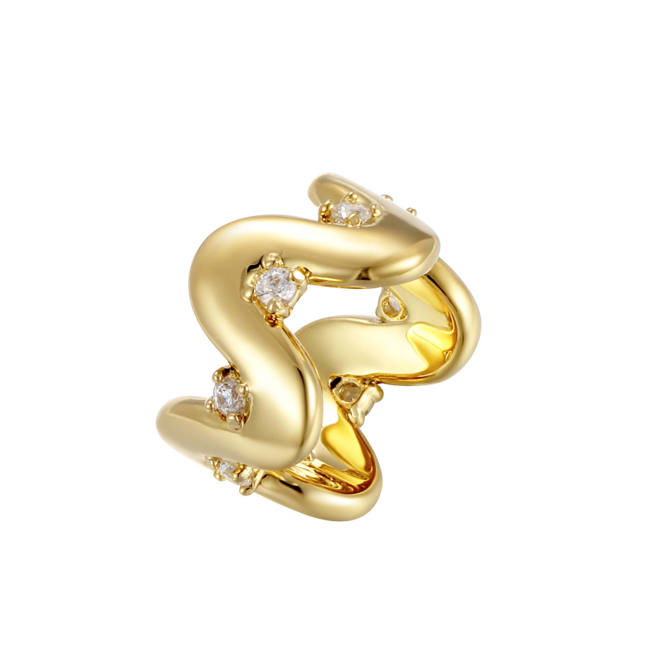 XOXO Pinky Ring featuring a fluid design with cubic zirconia accents in durable 14k gold PVD plating.