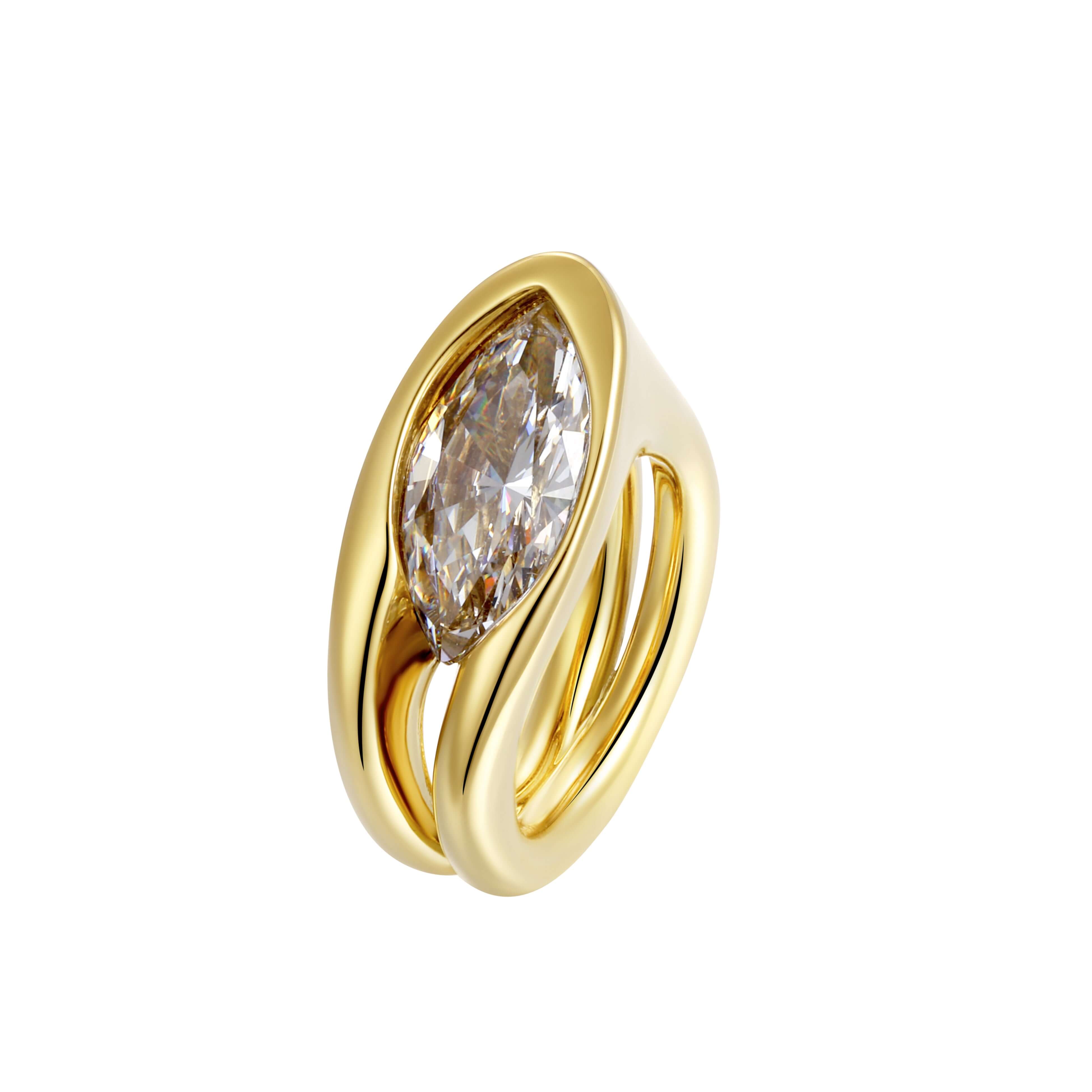 Remember Me Ring featuring a striking marquise-cut stone set in molten curves, showcasing a bold and sculptural design.