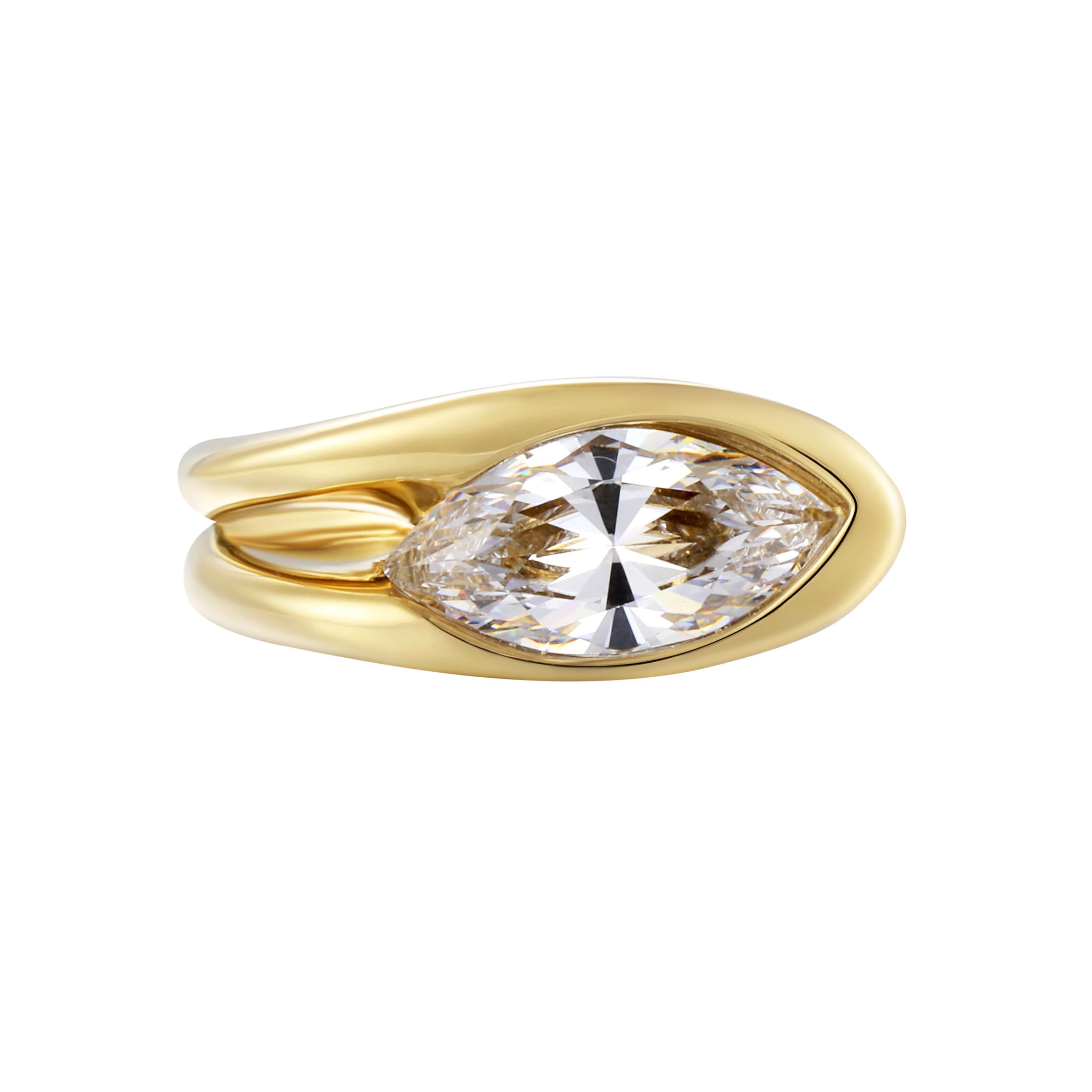 Remember Me Ring with a striking marquise-cut stone and fluid molten-like gold curves.