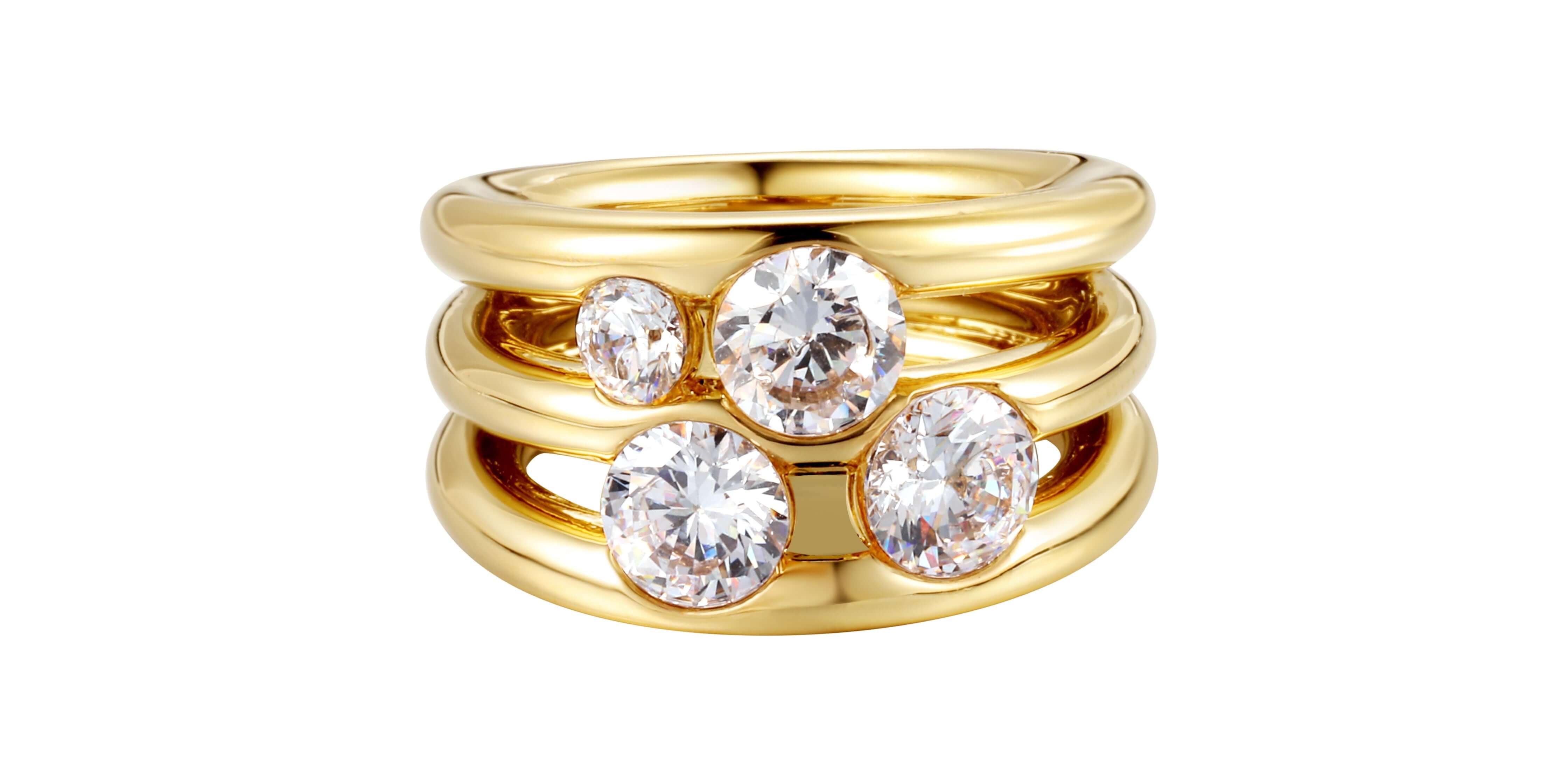 Going Places Cluster Ring featuring a stack of smooth bands with sparkling cubic zirconia set in 14k gold PVD plating.