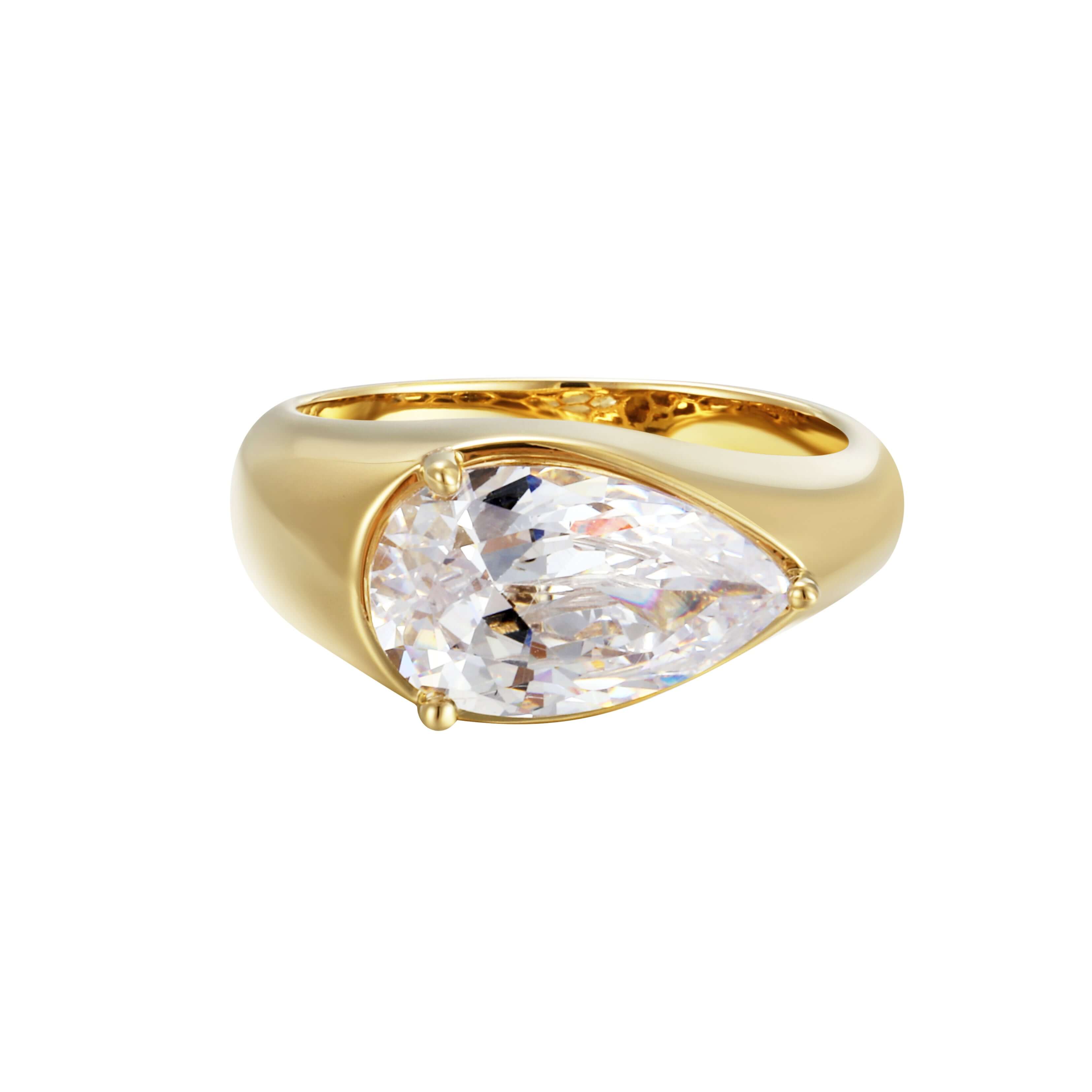 Effortless Ring featuring a pear-cut cubic zirconia stone set in durable brass with 14k gold plating.