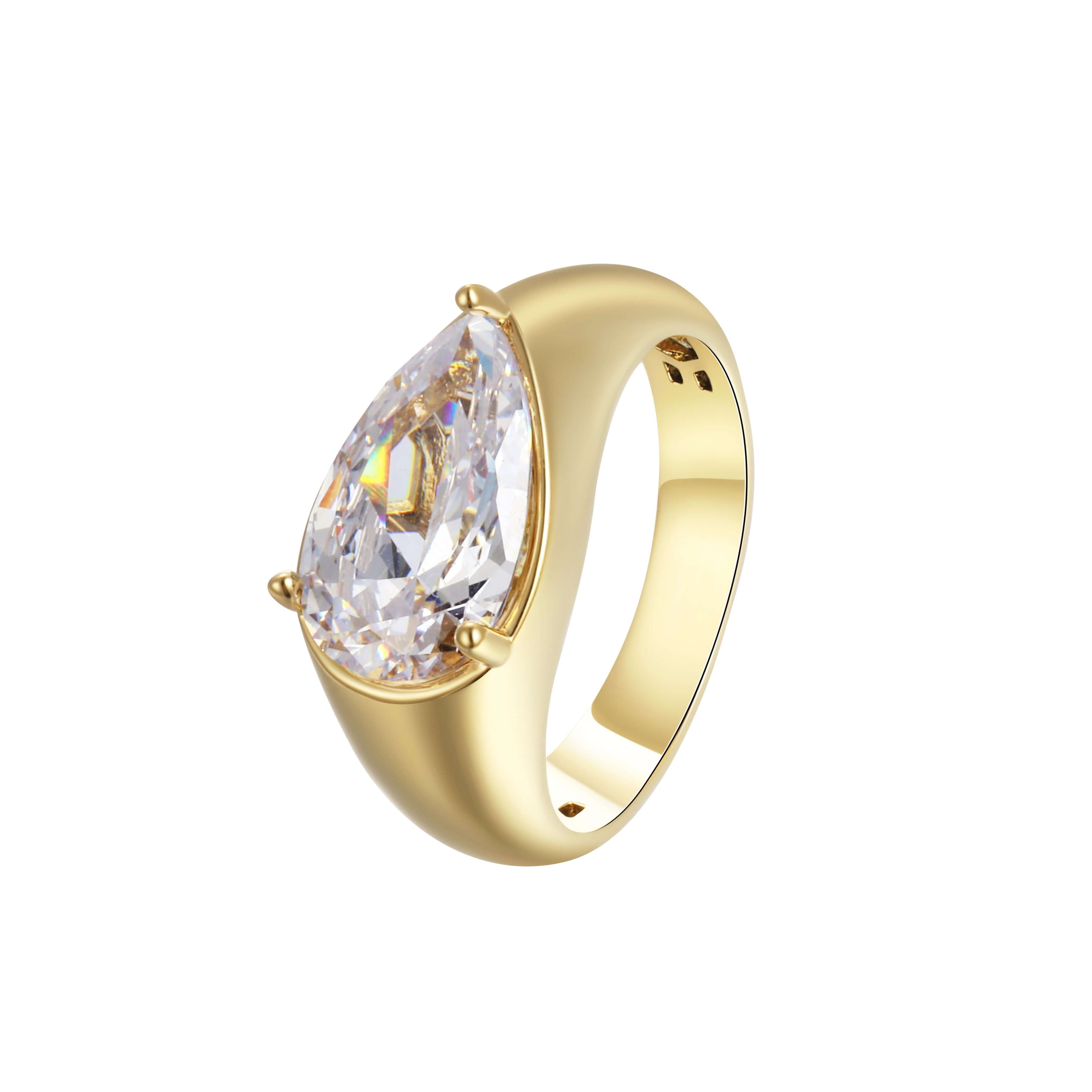 Effortless Ring featuring a pear-cut cubic zirconia stone with a smooth 14k gold PVD plated band.