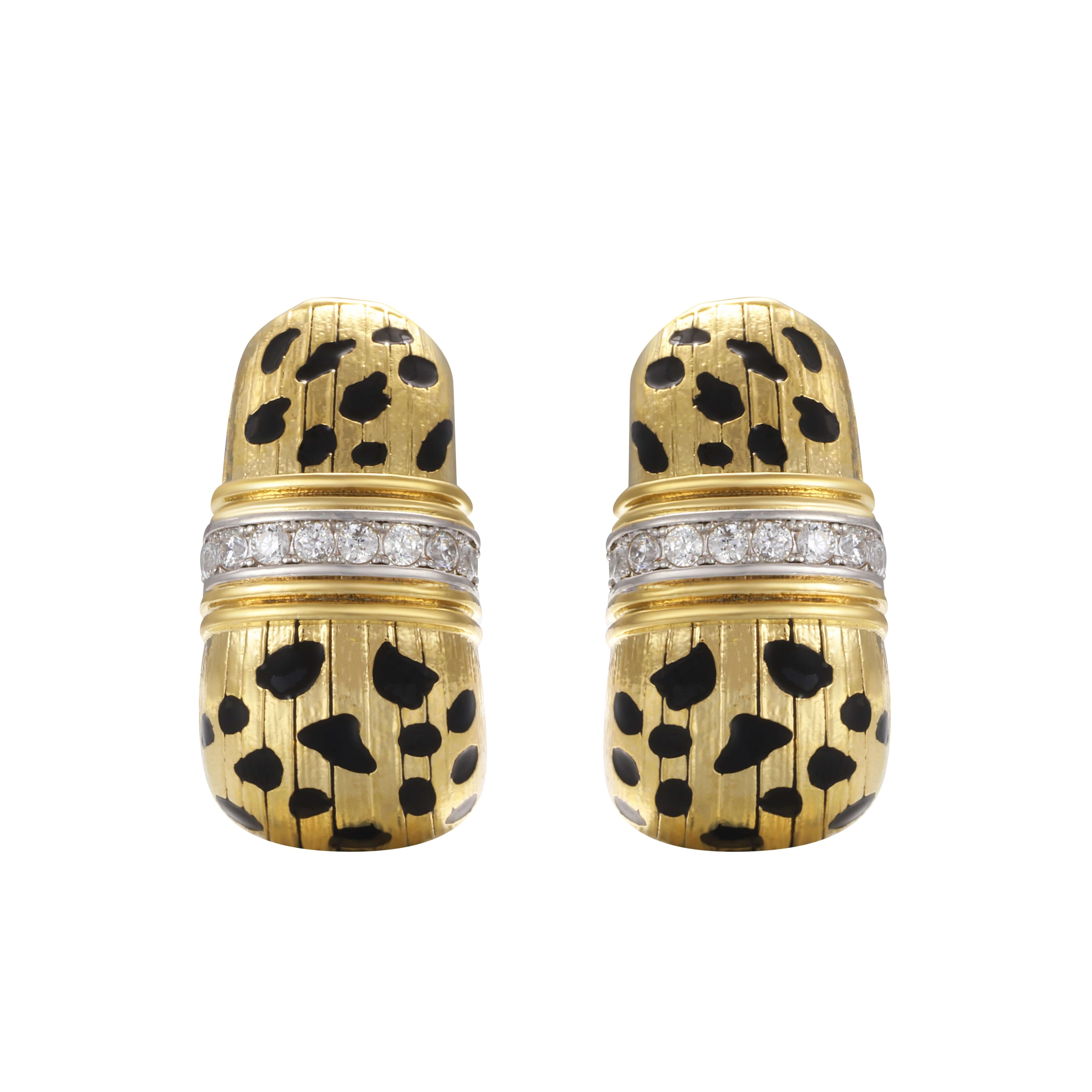 Just Do You Leopard Gold Earrings featuring a vintage-inspired design with black spots and pavé detailing.