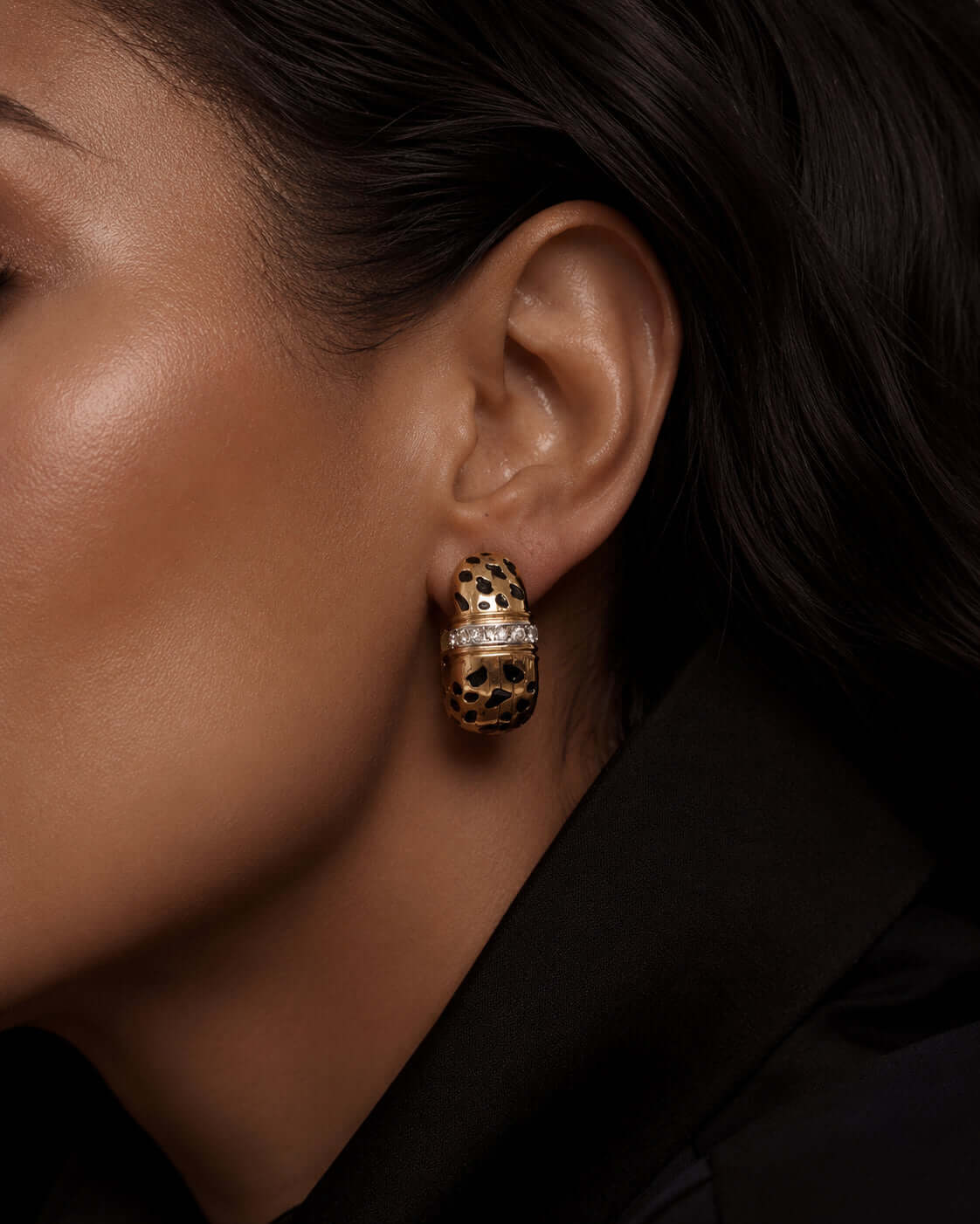 Just Do You Leopard Gold Earrings worn on a model, showcasing their vintage-inspired design and pavé detailing.