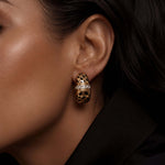 Just Do You Leopard Gold Earrings worn on a model, showcasing their vintage-inspired design and pavé detailing.